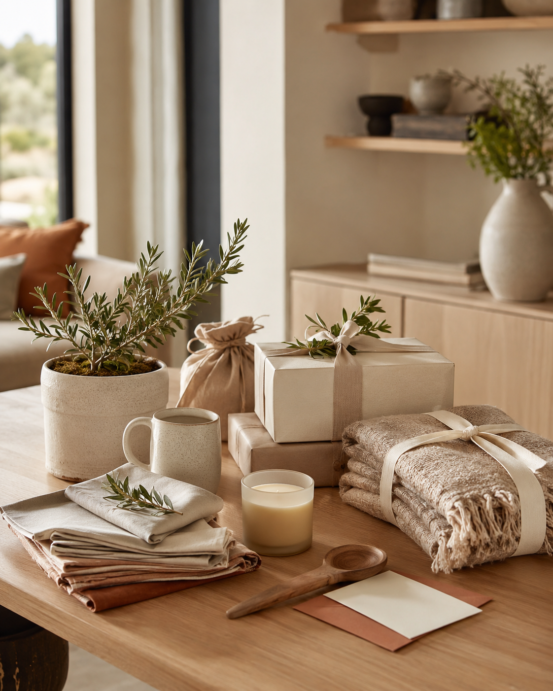 Thoughtful neutral gifts arranged in a modern home