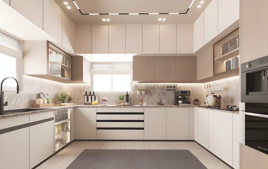 Bright spacious modern kitchen interior with sleek cabinets and appliances.