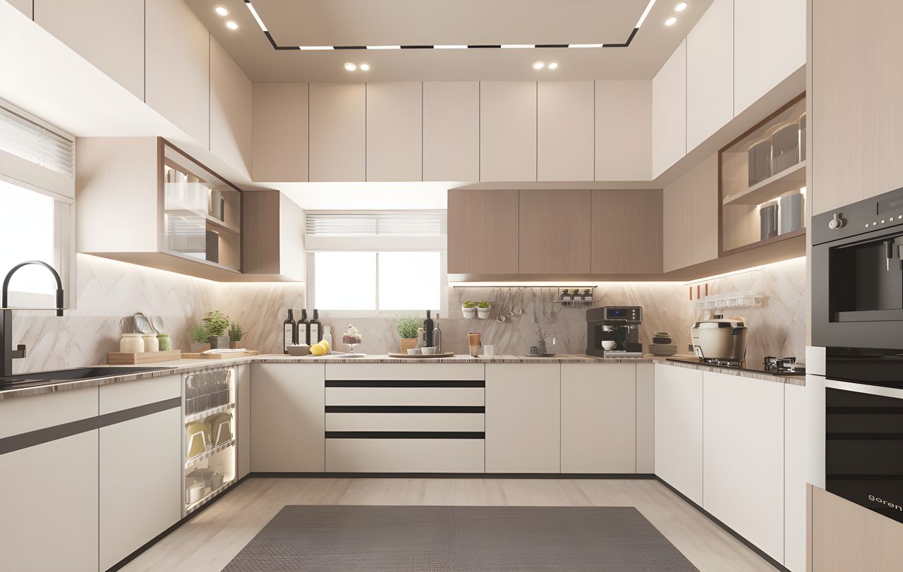 Bright spacious modern kitchen interior with sleek cabinets and appliances.